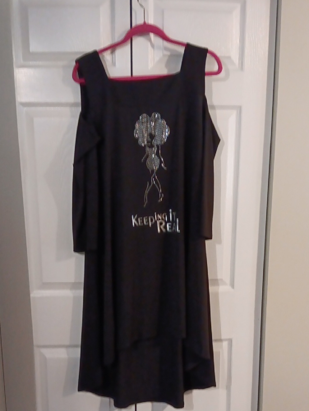 Black Cold-Shoulder Dress/Tunic with Silver Graphic